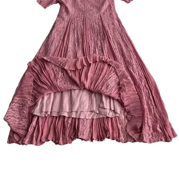 Together! VTG Lace Crinkle Rayon Overlay Layered Short Sleeve Rose Maxi Dress 10